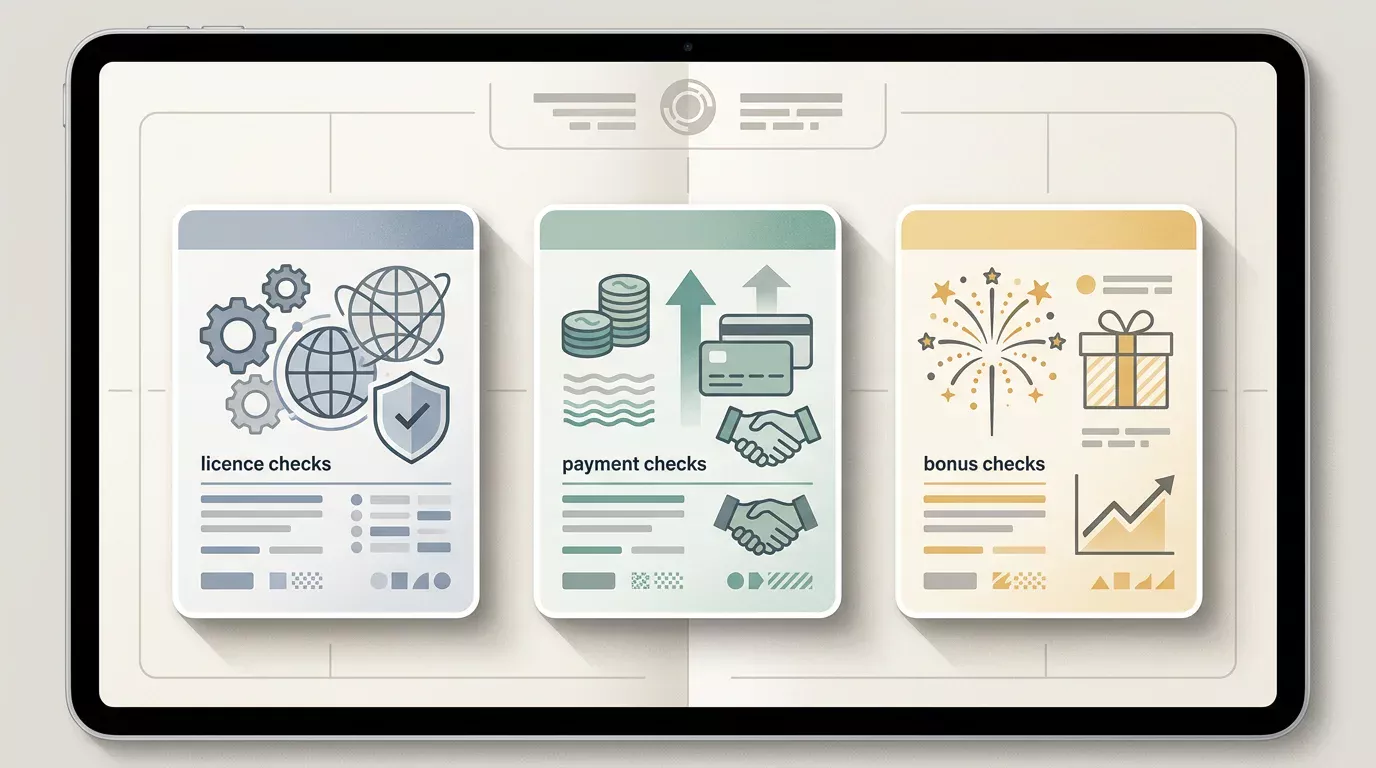 Editorial cards representing licence, payment and bonus caveats